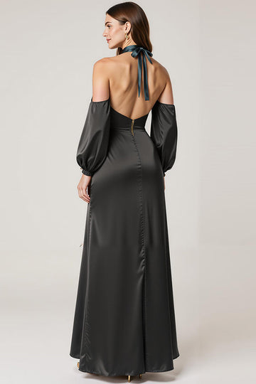Robe formelle en satin noir dos nu avec fente